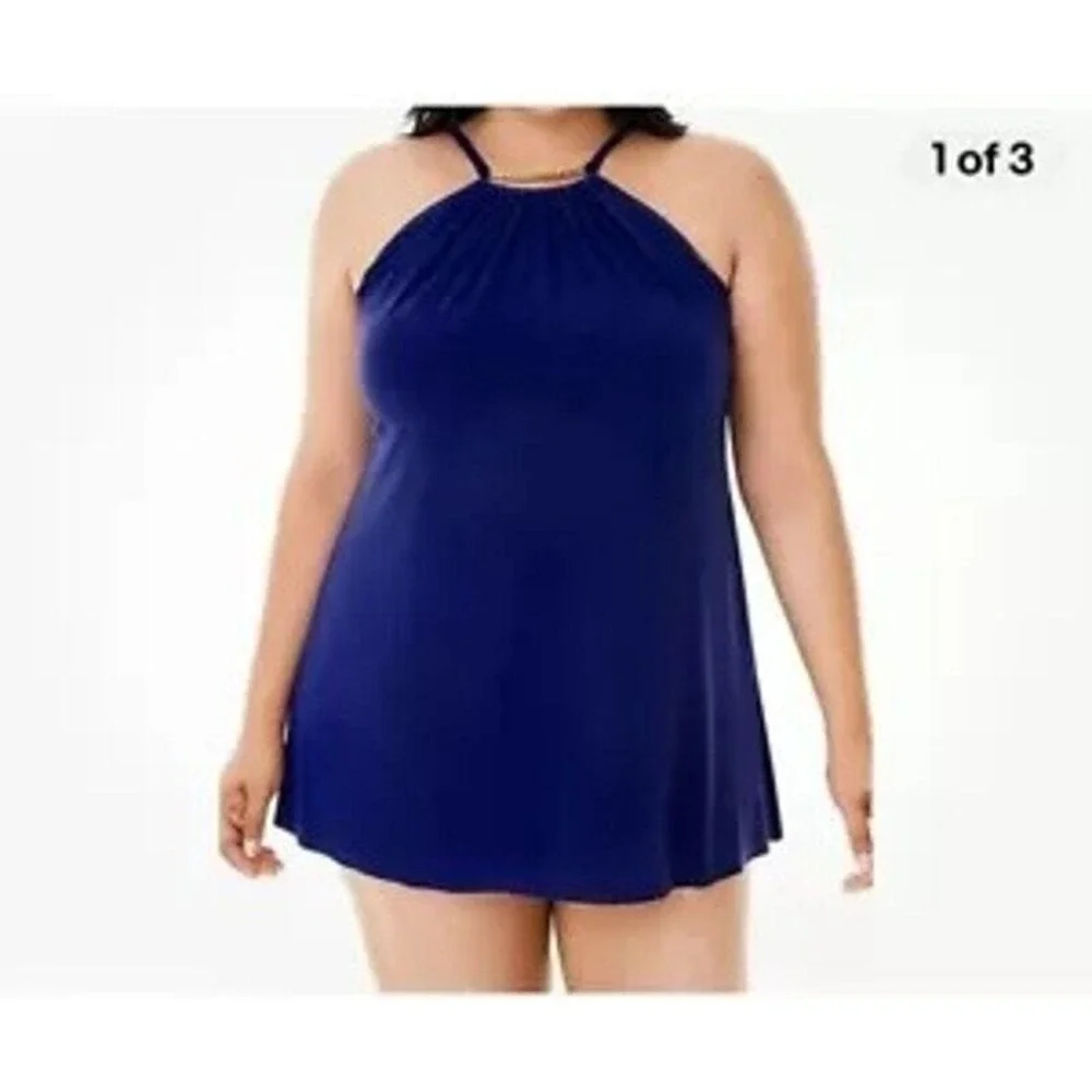 MAGICSUIT Womens 22W Estilo Swimsuit Dress Blue Indigo One Piece‎ Gold Detailing